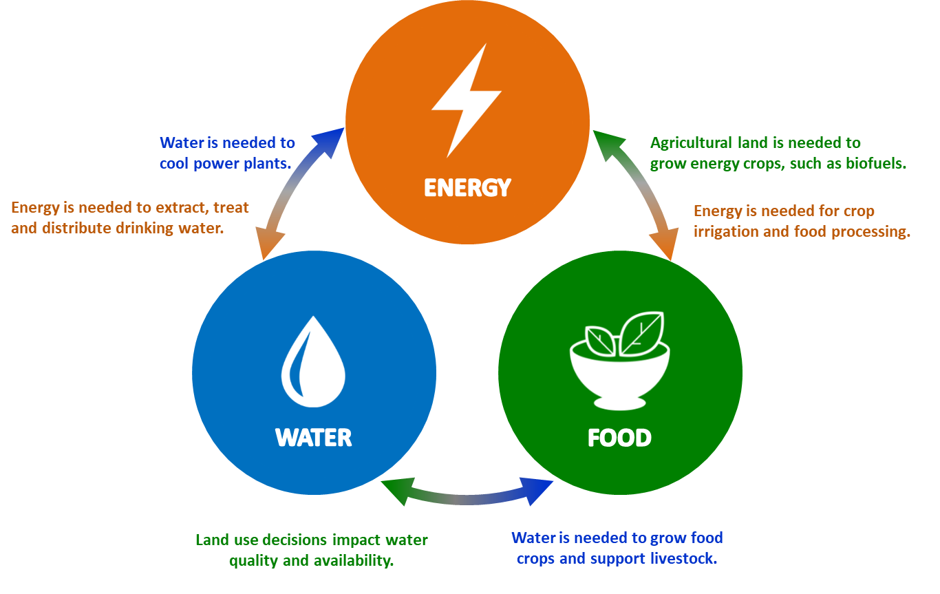 schematic illustrating integrated approaches to the energy-water-food nexus