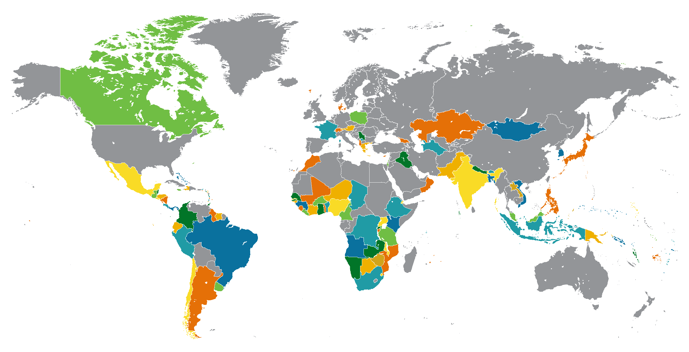 world map, color coded by countries assisted